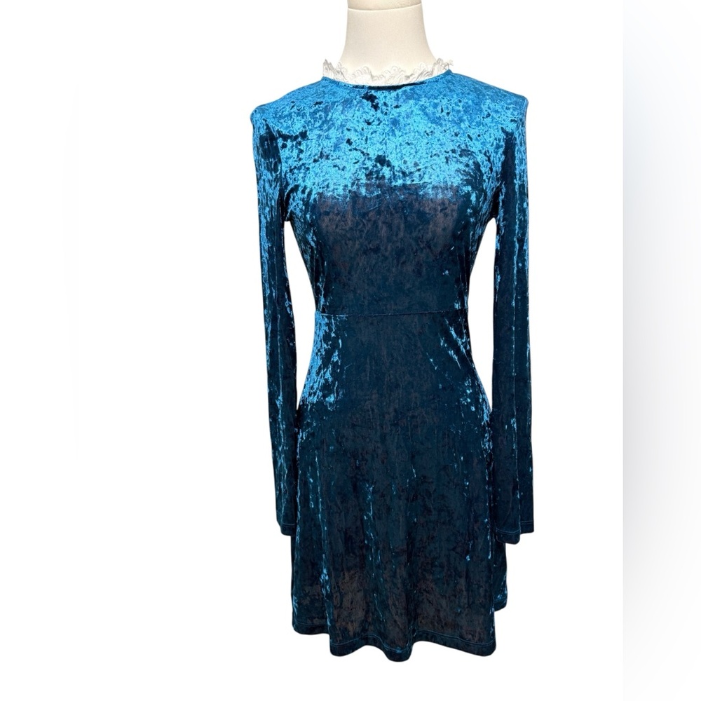 Maje Randy Crushed Velvet Mini Dress Blue Lace Collar XS